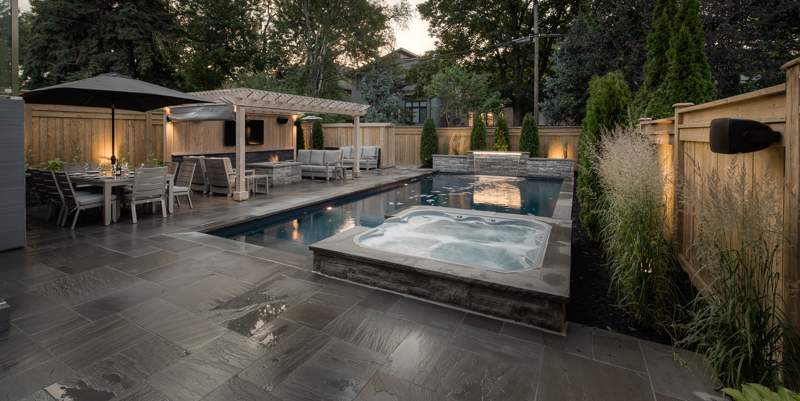 Evening image of a custom swimming pool